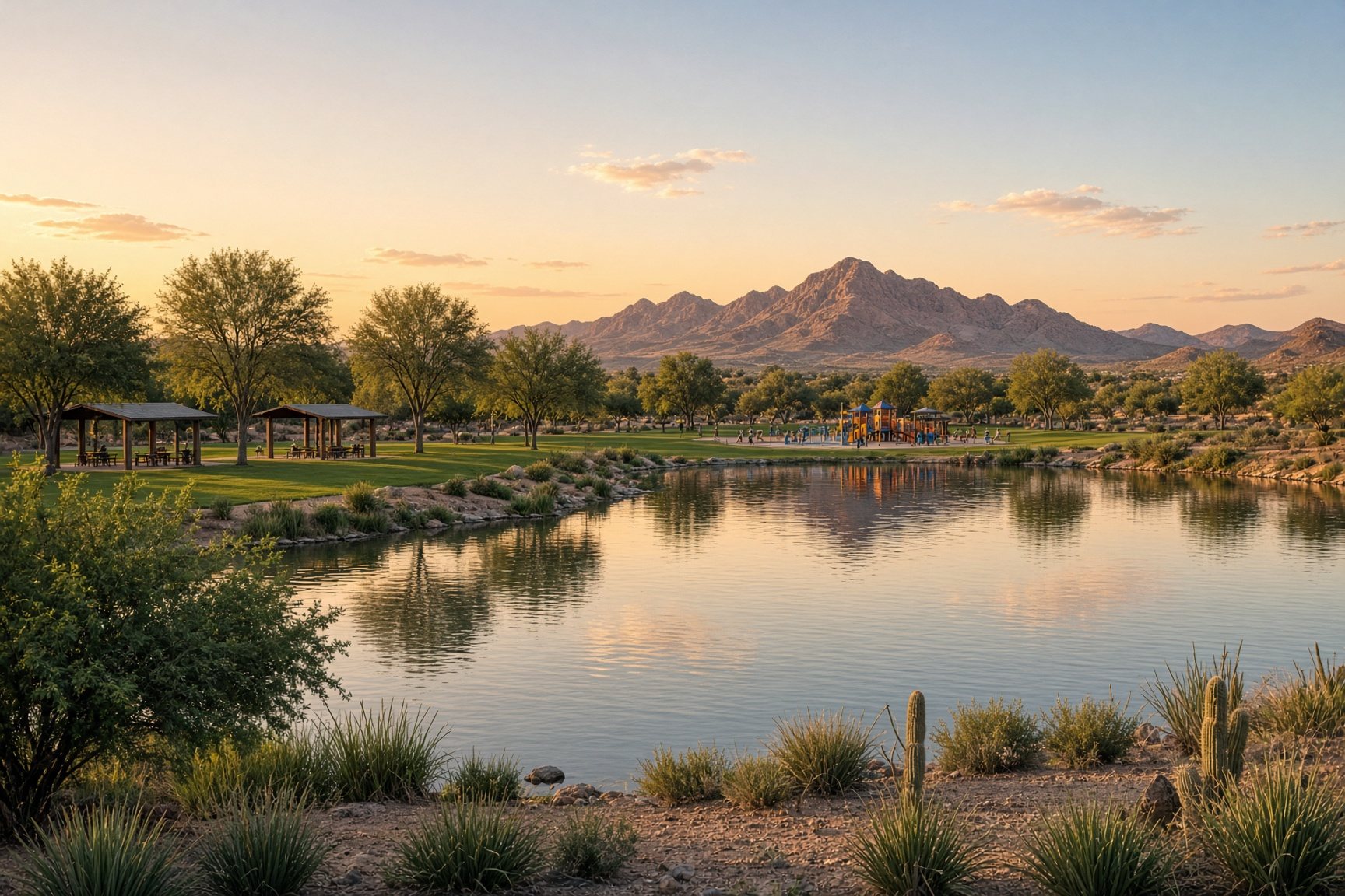 Fishing lake and ramadas at a Queen Creek community park